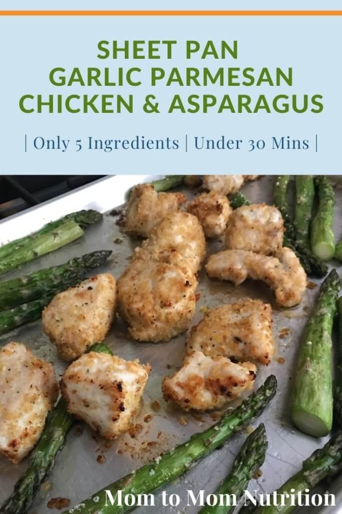 sheetpan-garlic-parmesan-chicken-asparagus-PIN - Mom to Mom Nutrition All you need is one pan, a few pantry staples, and 25 minutes until you can enjoy this simple sheet pan garlic parmesan chicken and asparagus dinner.