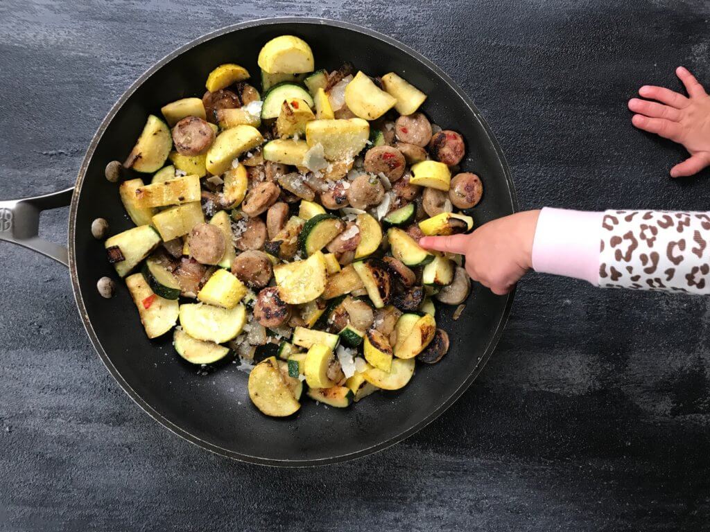 Ready in just 15 minutes, chicken sausage and fresh vegetables come together in a super simple chicken sausage and vegetable skillet dinner recipe.