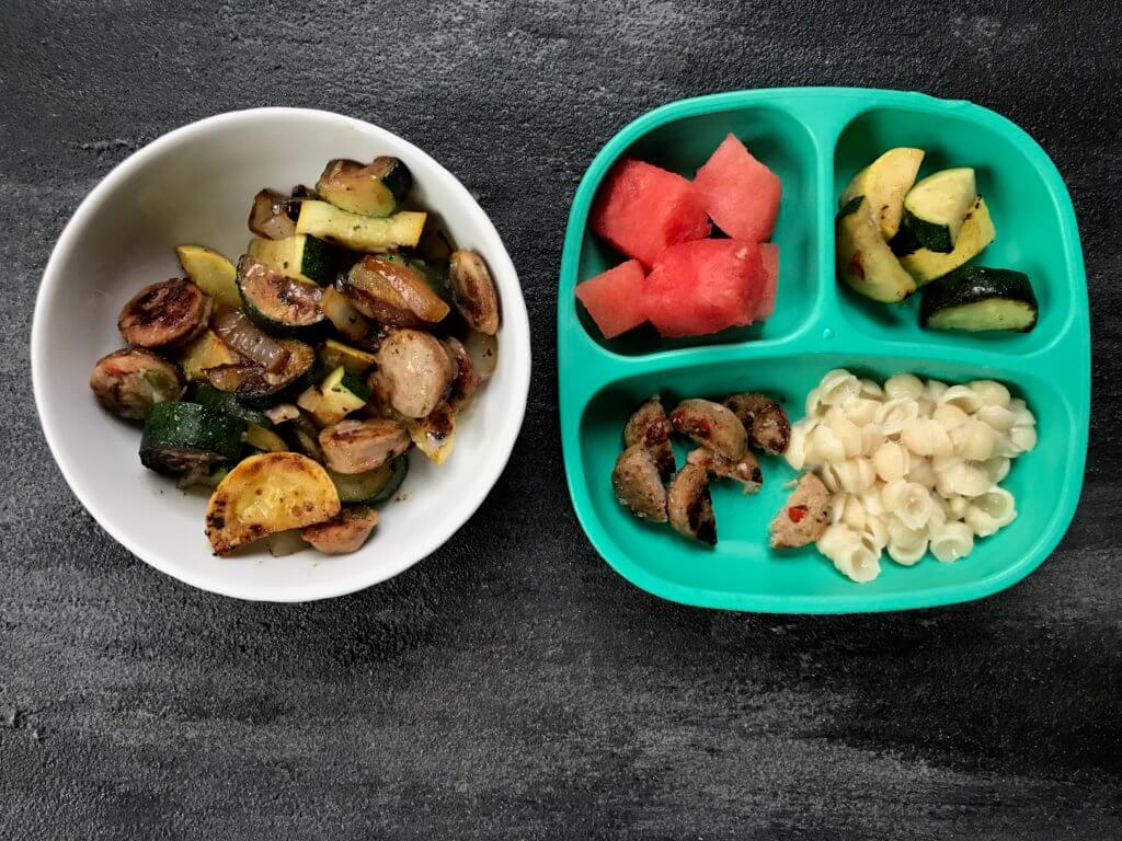 Ready in just 15 minutes, chicken sausage and fresh vegetables come together in a super simple chicken sausage and vegetable skillet dinner recipe.