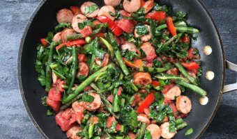 Trying broccoli leaves for the first time? Here’s a quick skillet dinner where broccoli leaves are the star of the recipe!