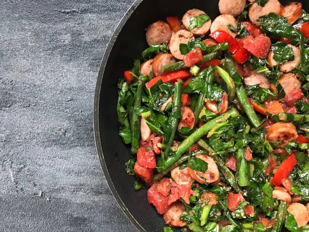 IMG_0301 - Mom to Mom Nutrition Trying broccoli leaves for the first time? Here’s a quick skillet dinner where broccoli leaves are the star of the recipe!