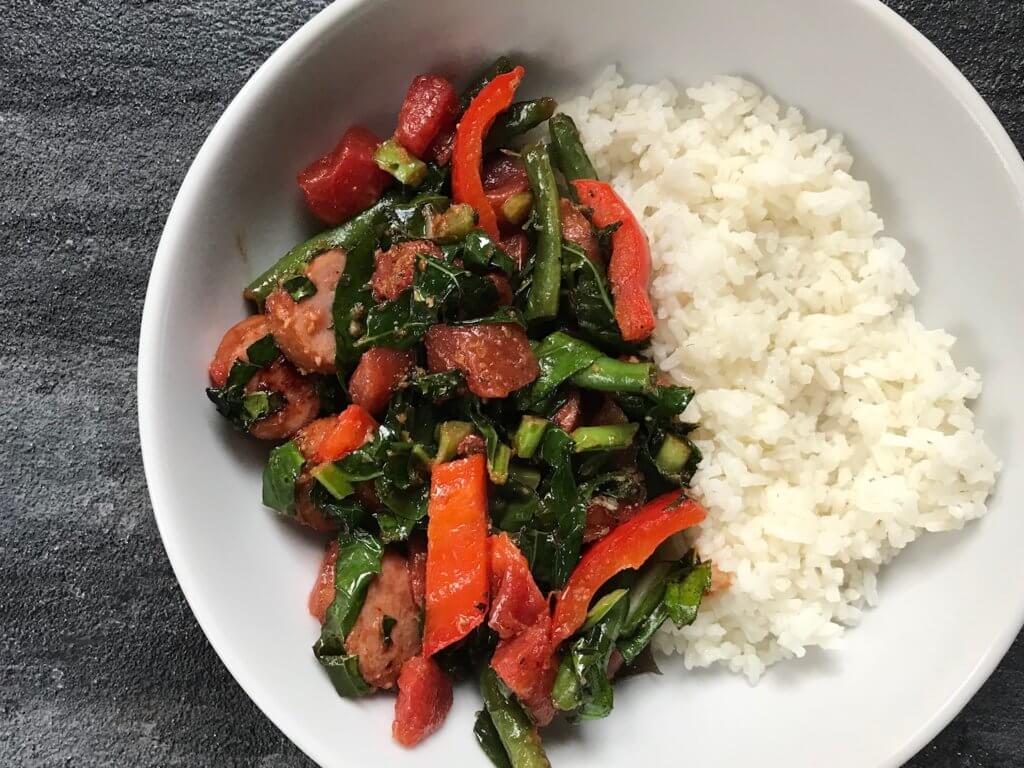 IMG_0303 - Mom to Mom Nutrition Trying broccoli leaves for the first time? Here’s a quick skillet dinner where broccoli leaves are the star of the recipe!
