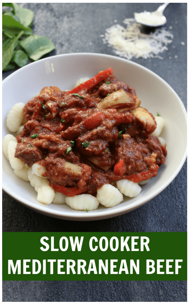A simple rustic slow cooker Mediterranean beef recipe which includes Mediterranean flavors like basil and oregano, and tender beef that will fall apart in your mouth! 