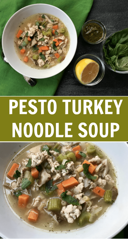 Screen Shot 2017-12-27 at 5.17.38 PM - Mom to Mom Nutrition This one-pot Pesto Turkey Noodle Soup is the perfect way to warm up with a hearty, veggie-packed meal. The addition of pesto and swap of ground turkey is a delicious twist on classic chicken noodle!