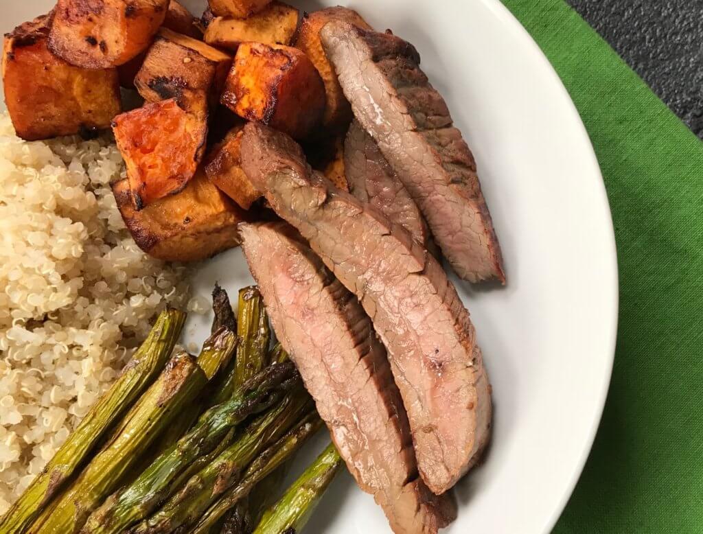 IMG_1141 - Mom to Mom Nutrition Soy Marinated Steak and Veggie Bowls are packed with protein, whole grains, and plenty of fresh vegetables, making one healthy weeknight sheet pan dinner.