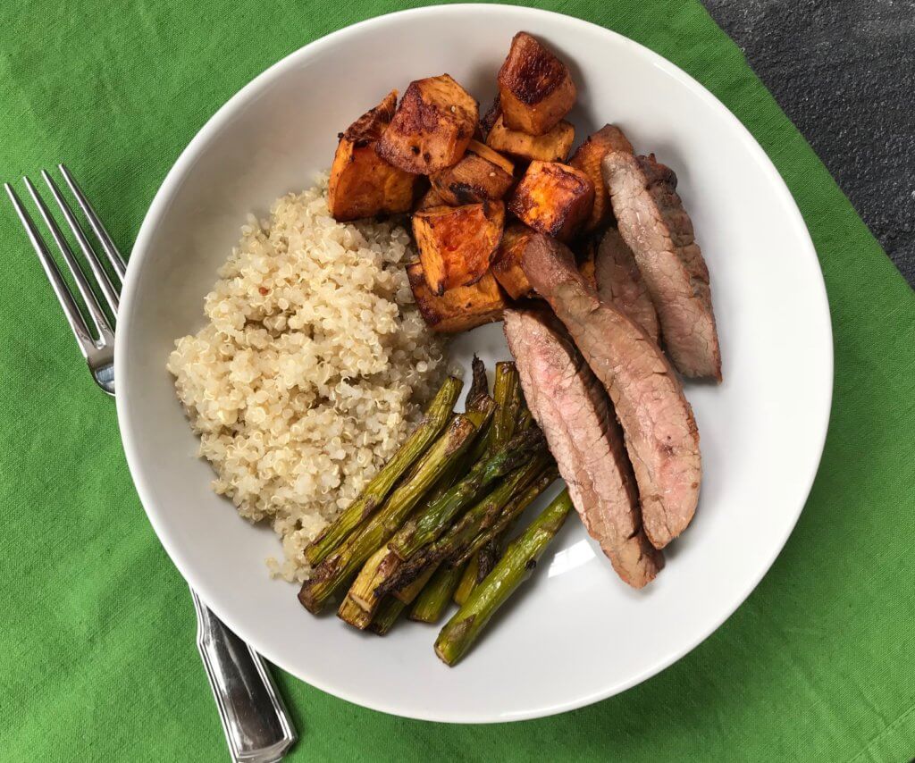 IMG_1143 - Mom to Mom Nutrition Soy Marinated Steak and Veggie Bowls are packed with protein, whole grains, and plenty of fresh vegetables, making one healthy weeknight sheet pan dinner.