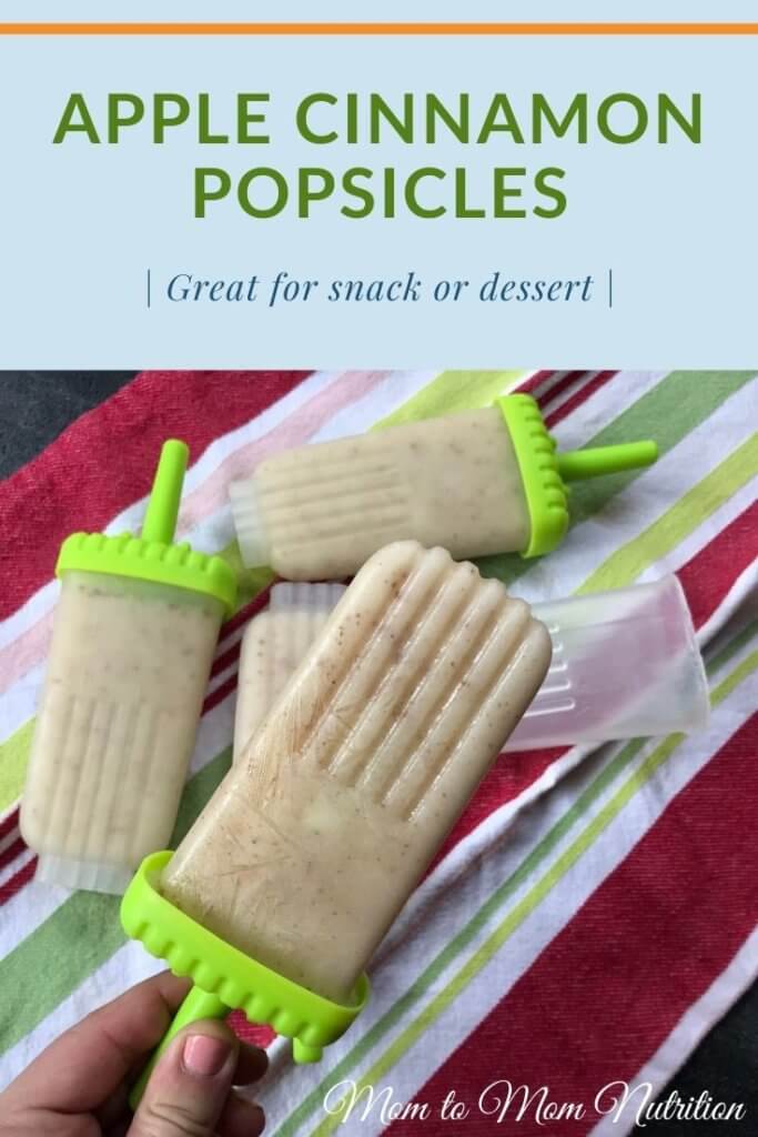 Apple Cinnamon Popsicles - Mom to Mom Nutrition Filled with the flavors of fall, these apple cinnamon popsicles are the perfect summer treat both icy and creamy. #applecinnamonpopsicles #applecinnamondessert #applecinnamonsnack #applerecipes #appledesserts