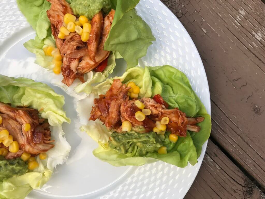 IMG_1834 - Mom to Mom Nutrition A rotisserie chicken, BBQ sauce, and a few vegetable staples make these Tex-Mex Chicken Lettuce Wraps one simple and fast low-carb meal.
