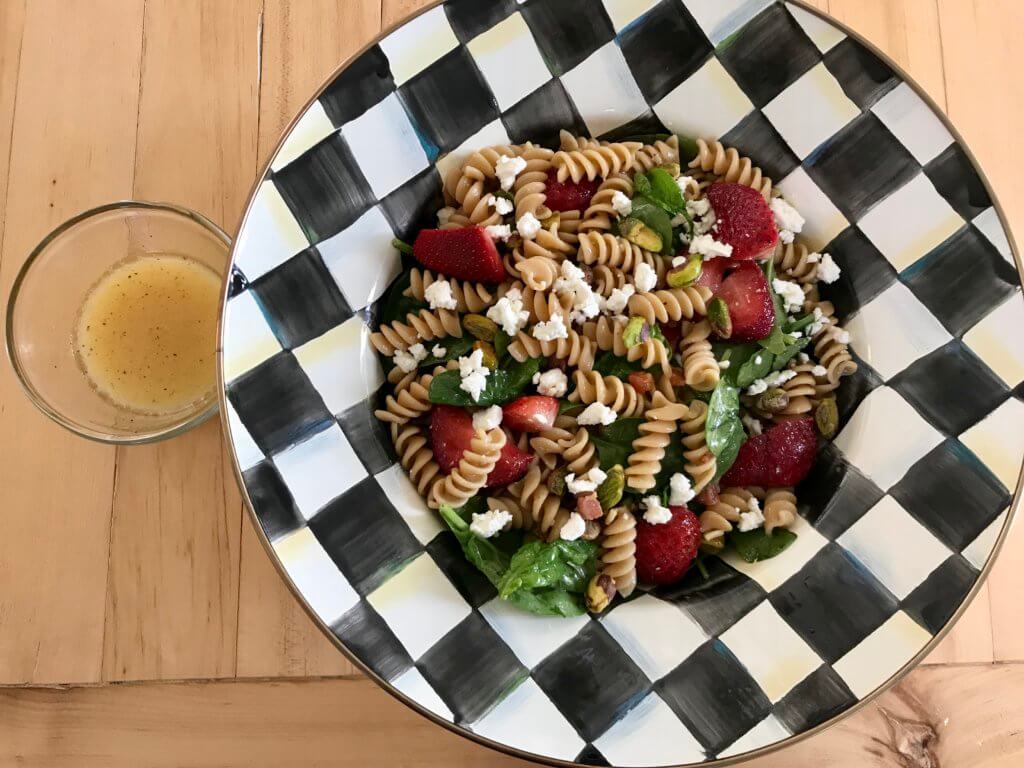 Strawberry Spinach Pasta Salad with Orange Dressing is a light, refreshing pasta salad made with fresh spinach, strawberries, whole wheat pasta, and 100% orange juice.