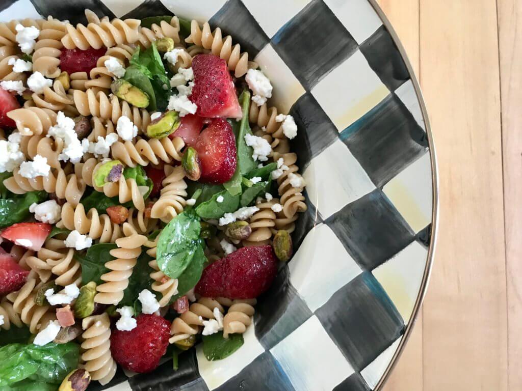 Strawberry Spinach Pasta Salad with Orange Dressing is a light, refreshing pasta salad made with fresh spinach, strawberries, whole wheat pasta, and 100% orange juice.