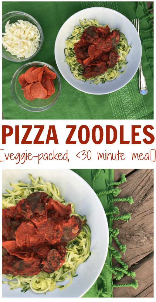Pizza zoodles are a pizza-inspired meal much lighter than the traditional flour crust. Filled with lots of veggies and a few store-bought shortcuts, this is one dinner the whole family will love. 