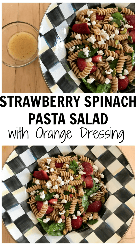 Strawberry Spinach Pasta Salad with Orange Dressing is a light, refreshing pasta salad made with fresh spinach, strawberries, whole wheat pasta, and 100% orange juice #AD