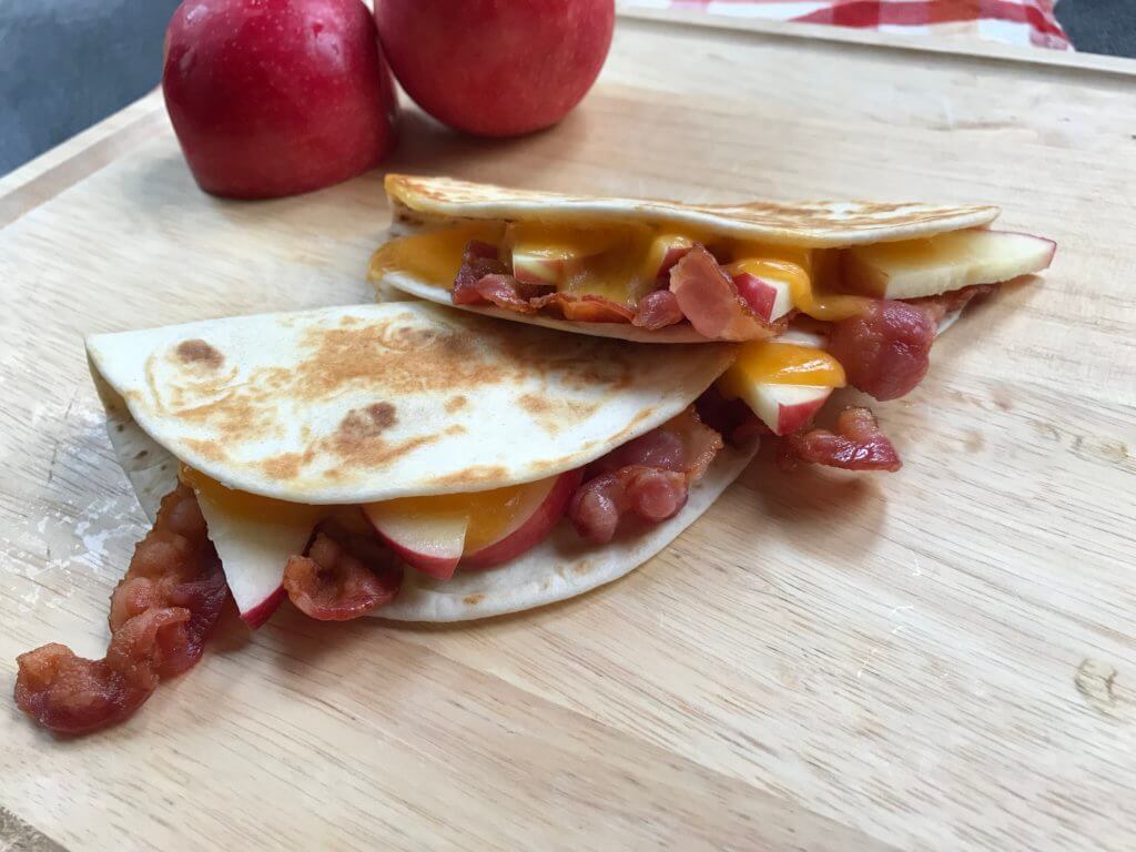IMG_2259 - Mom to Mom Nutrition Apple, Cheddar, and Bacon Quesadillas double as lunch or dinner recipe. The perfect flavor combination of sweet, salty, and creamy, in just 4 ingredients!