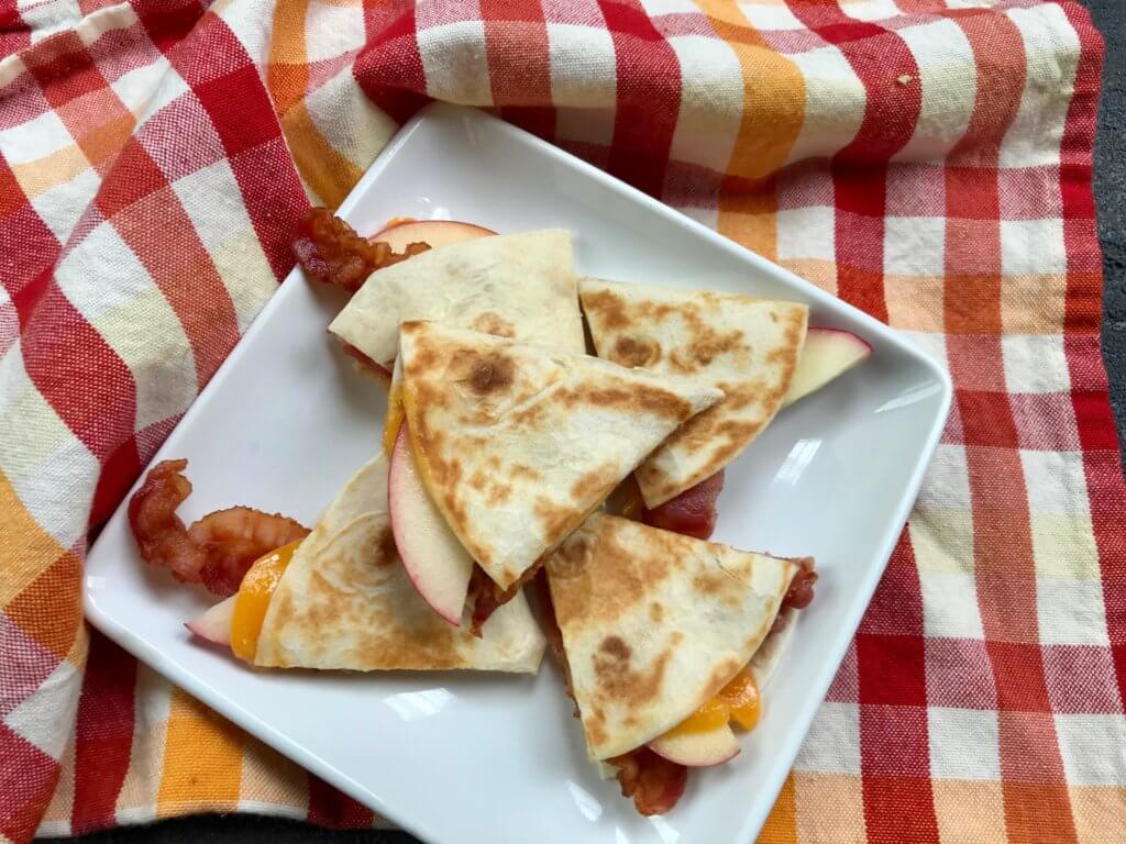 IMG_2263 - Mom to Mom Nutrition Apple, Cheddar, and Bacon Quesadillas double as lunch or dinner recipe. The perfect flavor combination of sweet, salty, and creamy, in just 4 ingredients!