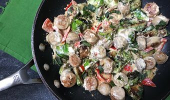 Cheesy Italian Chicken Skillet is the perfect one-pan dinner for any busy weeknight. Packed with vegetables and a simple garlic cheese sauce, dinner is ready in less than 20 minutes.