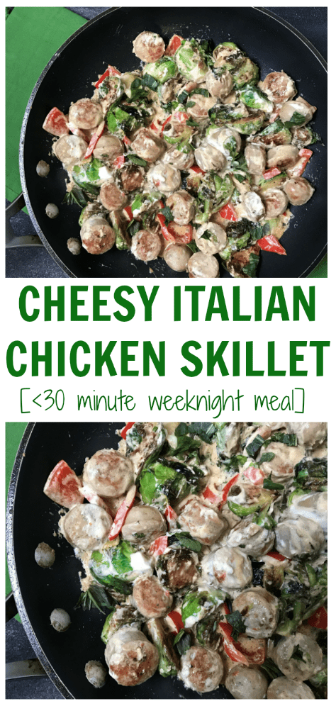 Cheesy Italian Chicken Skillet is the perfect one-pan dinner for any busy weeknight. Packed with vegetables and a simple garlic cheese sauce, dinner is ready in less than 20 minutes.