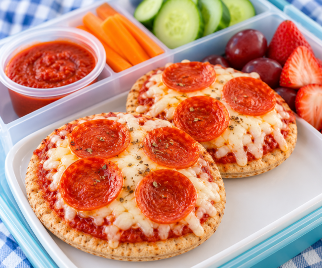 Mini pepperoni pizzas made with sandwich thins, mozzarella cheese, and pizza sauce