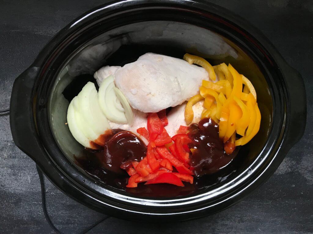 IMG_5549 - Mom to Mom Nutrition Made with pantry staples and store-bought sauces, Slow Cooker BBQ Chicken with Peppers and Onions is one weeknight dinner you can’t pass up.