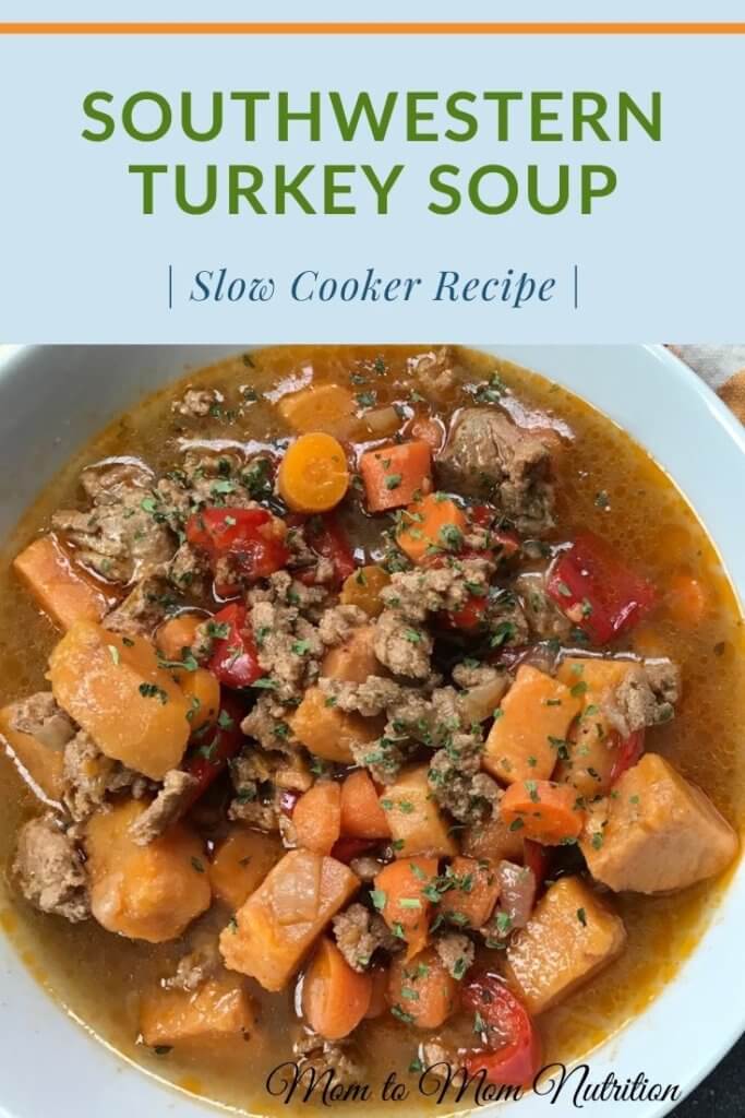 Tex-Mex flavors and the ease of using your slow cooker make this southwestern turkey soup a comforting meal any night of the week! #southwesternsoup #thebestturkeysoup #crockpotturkeysoup #turkeysouprecipe #homemadeturkeysoup #slowcookerturkeysoup