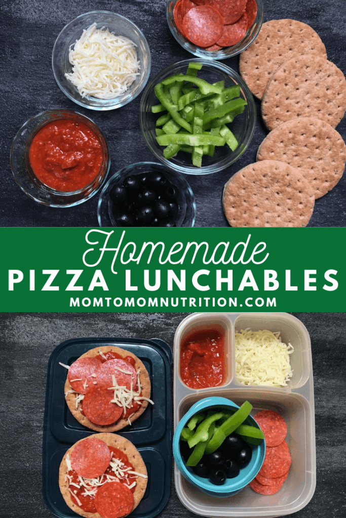 Homemade pizza lunchables bring the best of both worlds to your child's lunchbox: PIZZA and fun! Packed with simple ingredients that are good for you and customizable as well! 
