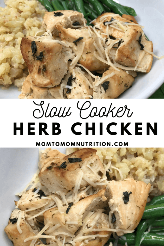 Slow Cooker Herb Chicken (1) - Mom to Mom Nutrition A mix of dried herbs and fresh Parmesan cheese make this Slow Cooker Herb Chicken a simple pantry staple meal with minimal prep and plenty of flavors!