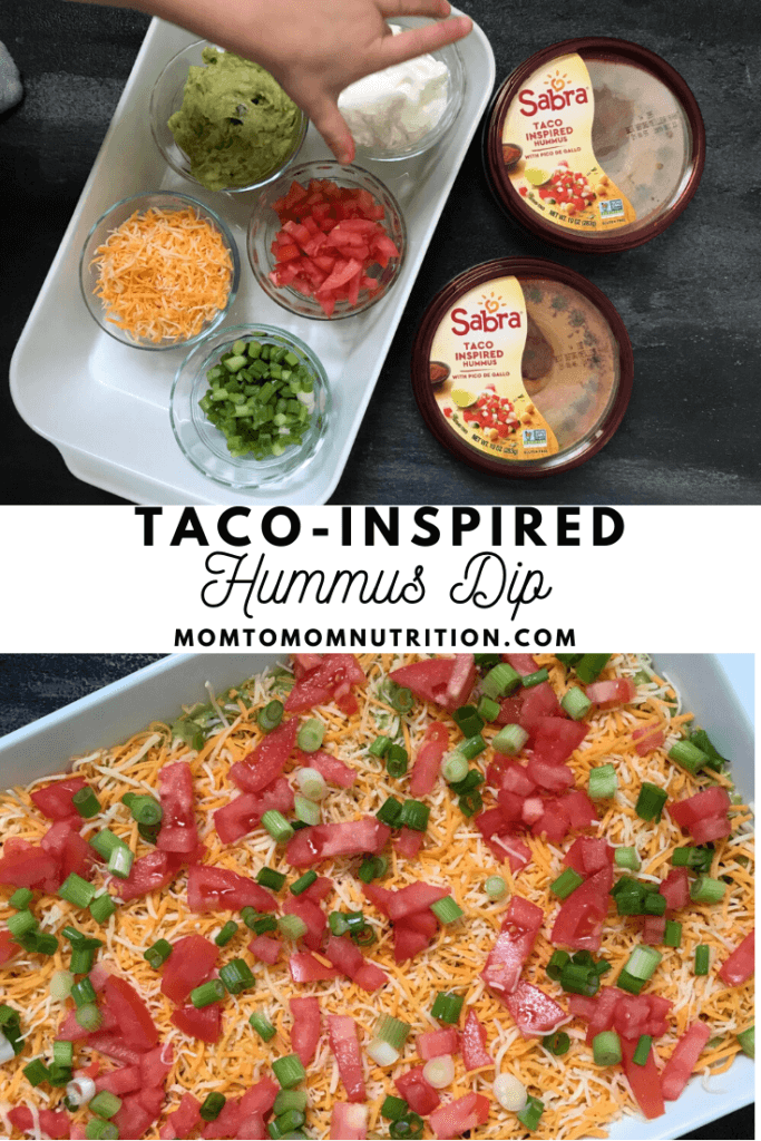 Taco-inspired Hummus Dip tastes exactly like eating a taco, but in hummus form! Made with Sabra taco hummus, this layered dip of all your favorite taco ingredients makes the perfect dip for any occasion. 