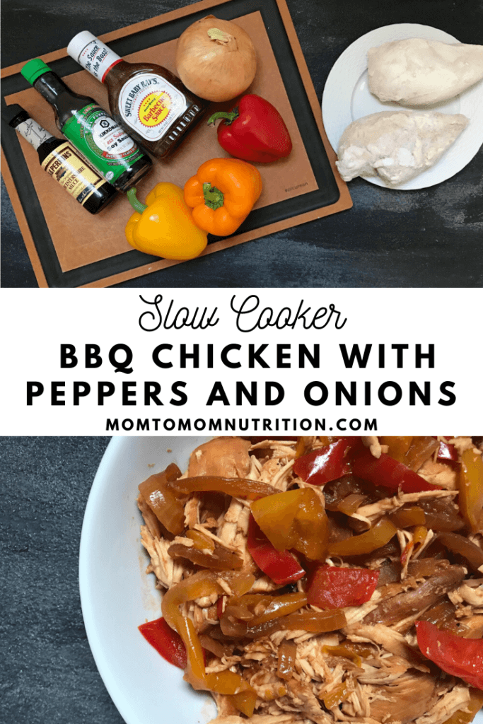 slow cooker bbq chicken with peppers and onions (1) - Mom to Mom Nutrition Made with pantry staples and store-bought sauces, Slow Cooker BBQ Chicken with Peppers and Onions is one weeknight dinner you can’t pass up.