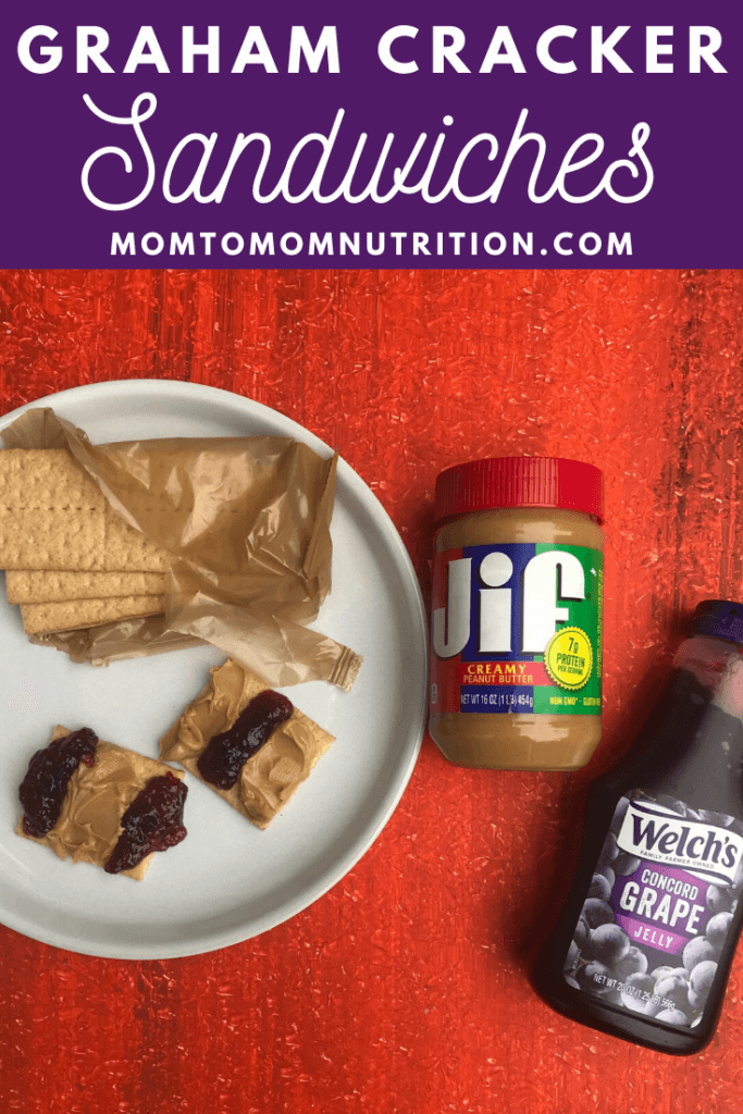 Graham Cracker Sandwiches (1) - Mom to Mom Nutrition Graham Cracker Sandwiches with peanut butter and jelly make one of the easiest lunches or snacks for school lunch or at home picnics.