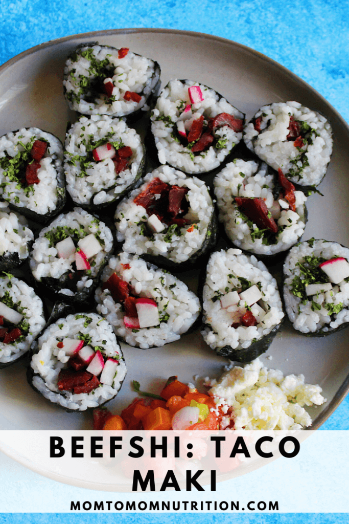 #AD Taco Maki Beefshi Roll. Combine your favorite flavors of beef and sushi for an at-home sushi night easier and tastier than the takeout version! 