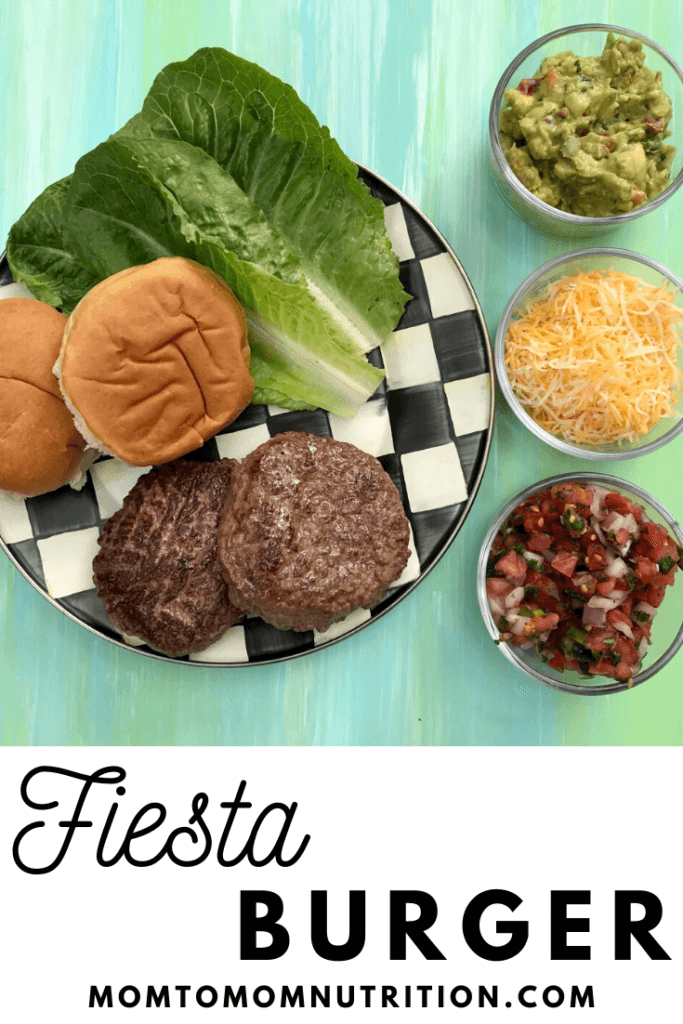 Fiesta burgers are a fresh and healthy twist on the classic beef burger. Just top your favorite grilled patty with salsa, cheese, and guacamole.