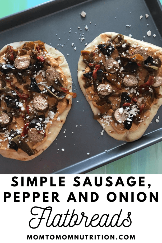 Simple sausage, pepper and onion flatbreads - Mom to Mom Nutrition Sausage Pepper and Onion Flatbreads are as simple as they sound. Let your slow cooker do the work for the sausage, and the mixture of hummus and feta cheese serve as the base for these flatbreads.