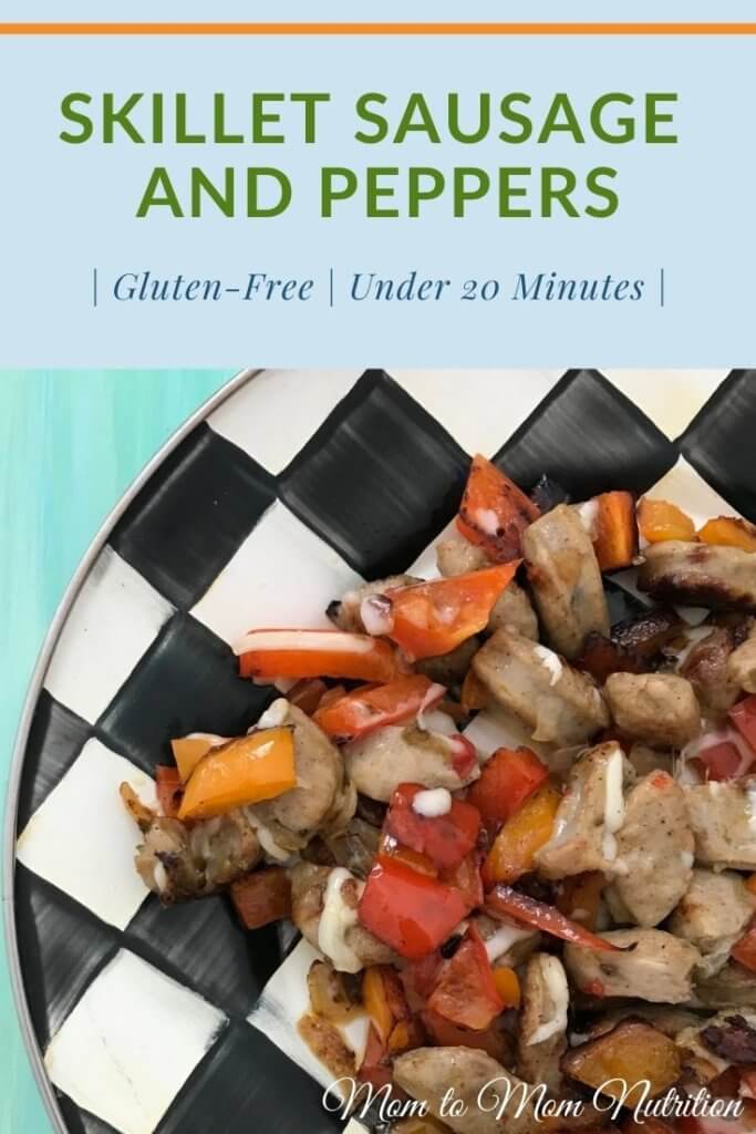 Skillet sausage and peppers is a quick, colorful meal ready in less than 20 mins. All you need is a few staple ingredients and a hot skillet. (gluten-free) #glutenfreerecipes #skilletsausageandpeppers #skilletsausageandveggies #dinnerrecipes #dinnerideas #dinnerrecipesforfamily #dinnerrecipeseasy #under20minutemeals #under20minutedinners