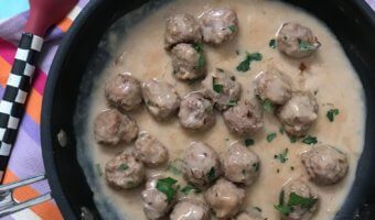 Skillet Swedish Meatballs are a one pot comfort meal, perfect for the littlest fingers or biggest forks in your family. Made with the ease of a simple skillet sauce and frozen beef meatballs.