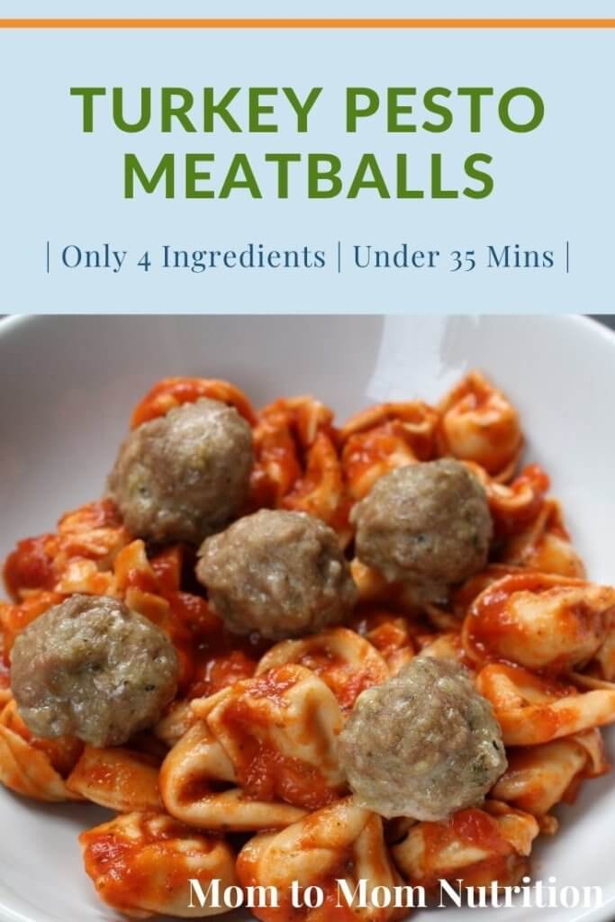 turkey-pesto-meatballs-PIN - Mom to Mom Nutrition Turkey pesto meatballs are made with just 4 ingredients and make the perfect healthy protein for meatball subs or served with marinara and whole-grain pasta for a simple weeknight meal.