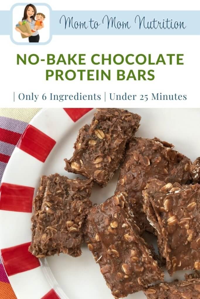 no-bake-chocolate-protein-bars-pin - Mom to Mom Nutrition No-bake chocolate protein bars are made with just six ingredients and are the perfect snack for on-the-go, busy days!