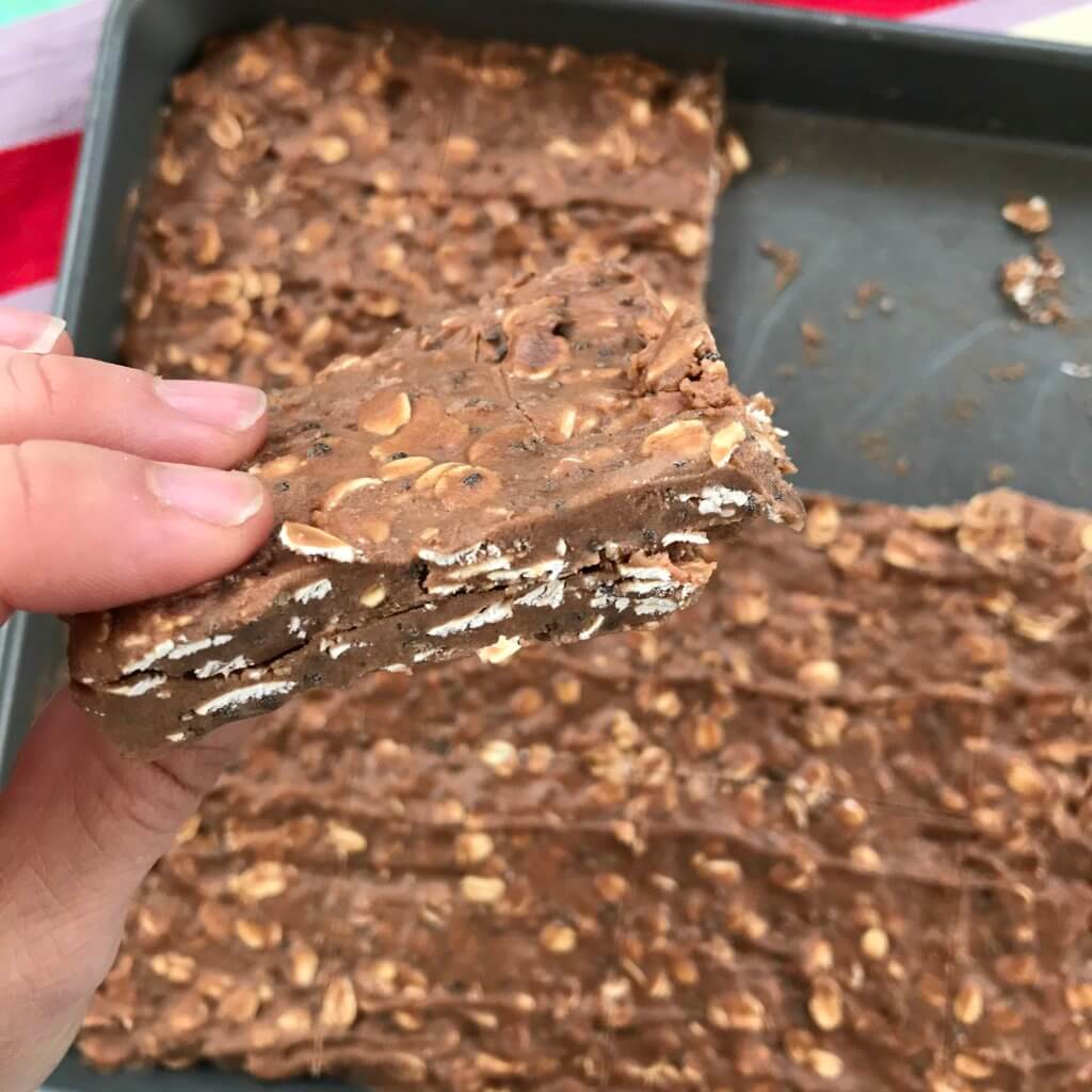 proetin-bars-3 - Mom to Mom Nutrition Close up of a piece of no bake chocolate protein bars.