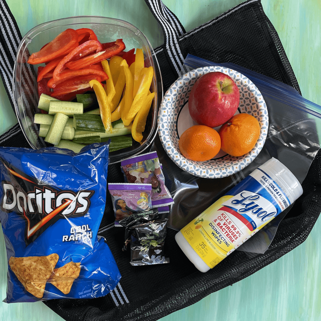Snacks for kids going to the beach, park, pool on a table. 