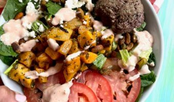 This Southwest Beef Burger Salad brings flavor and nutrition together in a veggie-centric, protein-packed salad that combines leftover grilled beef burgers with leafy greens and crunchy toppings.