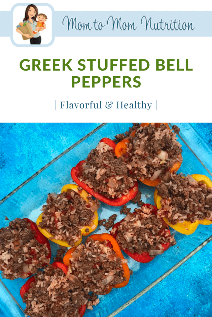 Greek Stuffed Bell Peppers 1 - Mom to Mom Nutrition Greek Stuffed Bell Peppers are a Mediterranean twist on a family favorite weeknight classic. Made with lean Ground Beef and other kitchen staples like canned tomatoes, dried spices, and feta cheese.