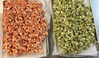 Red and green Christmas Caramel Corn is festive, sweet, and super easy to make with the help of your microwave. No corn syrup needed with a maple syrup swap.