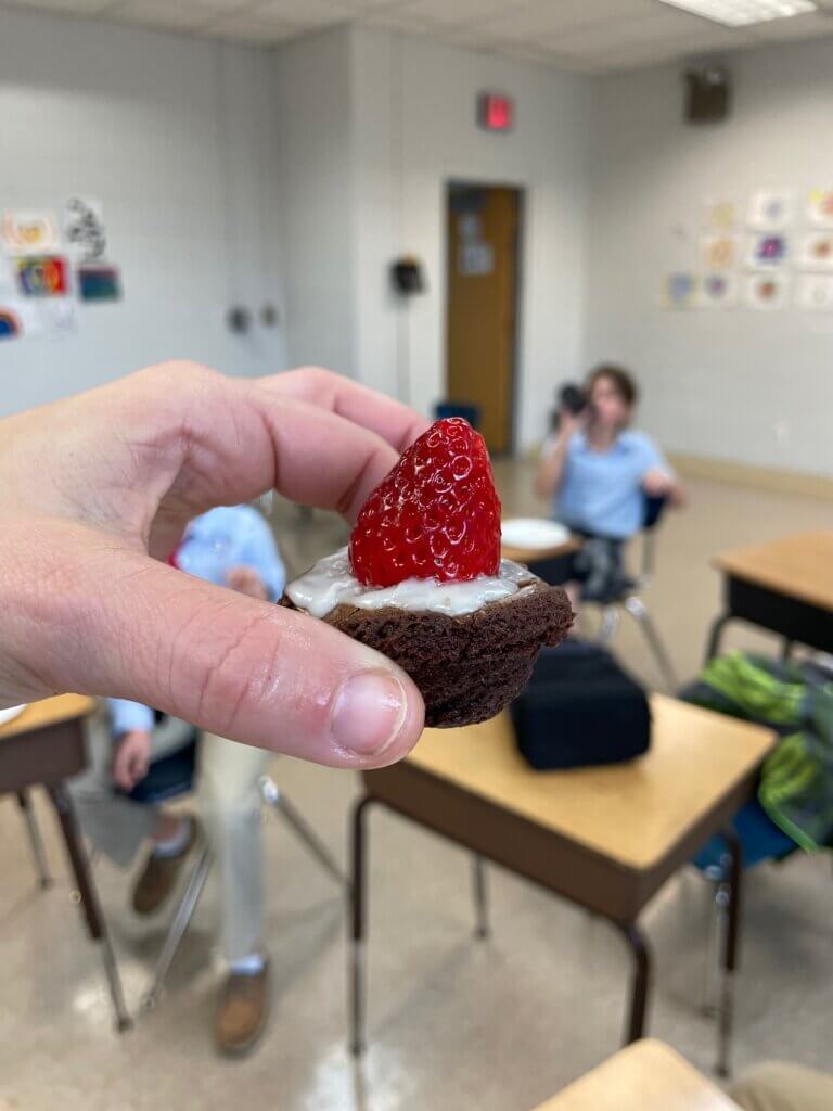 IMG_9077 - Mom to Mom Nutrition Santa Hat Brownie Bites are the perfect Christmas-themed dessert. The taste of chocolate, strawberries, and frosting come together for a simple, festive treat!
