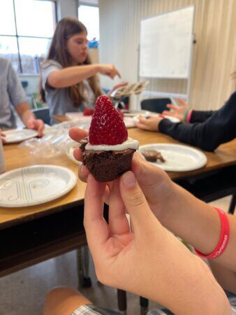 IMG_9090 - Mom to Mom Nutrition Santa Hat Brownie Bites are the perfect Christmas-themed dessert. The taste of chocolate, strawberries, and frosting come together for a simple, festive treat!