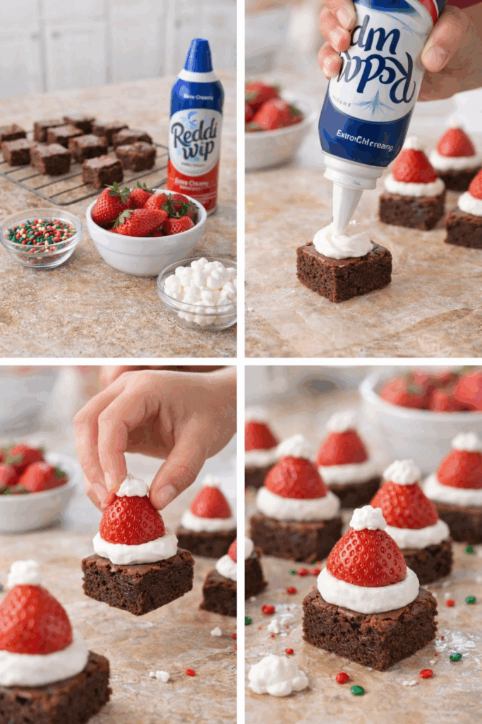santa-hat-brownie-bite-pinterest - Mom to Mom Nutrition Santa hat brownie bites made with chocolate brownies, whipped cream, and strawberries