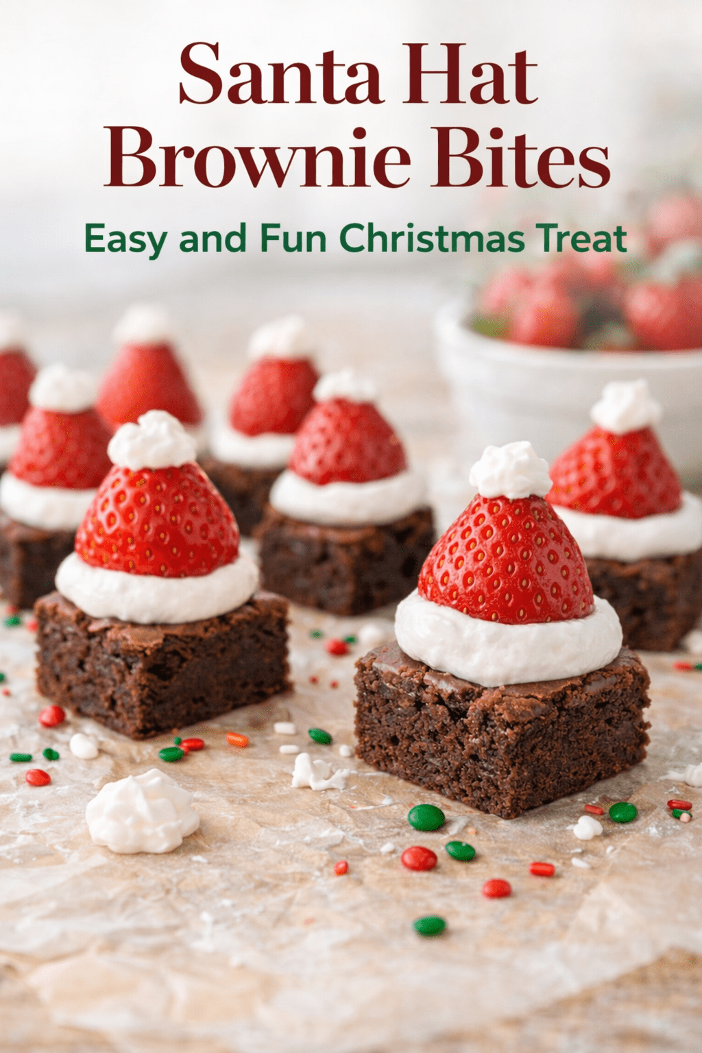 santa-hat-brownie-bites-main-image - Mom to Mom Nutrition Santa hat brownie bites made with chocolate brownies, whipped cream, and strawberries