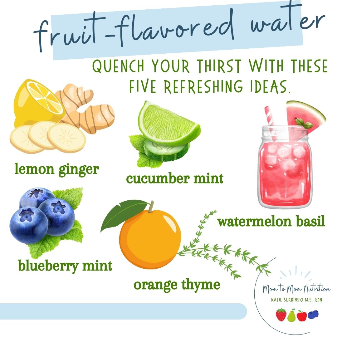 5 Fruit Flavored Waters - Mom to Mom Nutrition Fruit flavored water is naturally flavored with fresh fruit and herbs. It is sure to quench your thirst in a healthy and refreshing way!