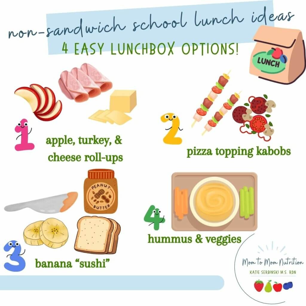 Non-Sandwich School-Lunch Ideas - Mom to Mom Nutrition While sandwiches are the easiest lunch option, if your child won't eat them, YOU need options. Here are 4 healthy non-sandwich school lunch ideas!