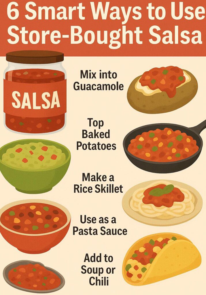 A_colorful_infographic_titled_6_Smart_Ways_to_Use - Mom to Mom Nutrition 6 easy ways to use store-bought salsa in meals! Learn healthy shortcut cooking ideas plus what to look for on the label—sugar, sodium & more.