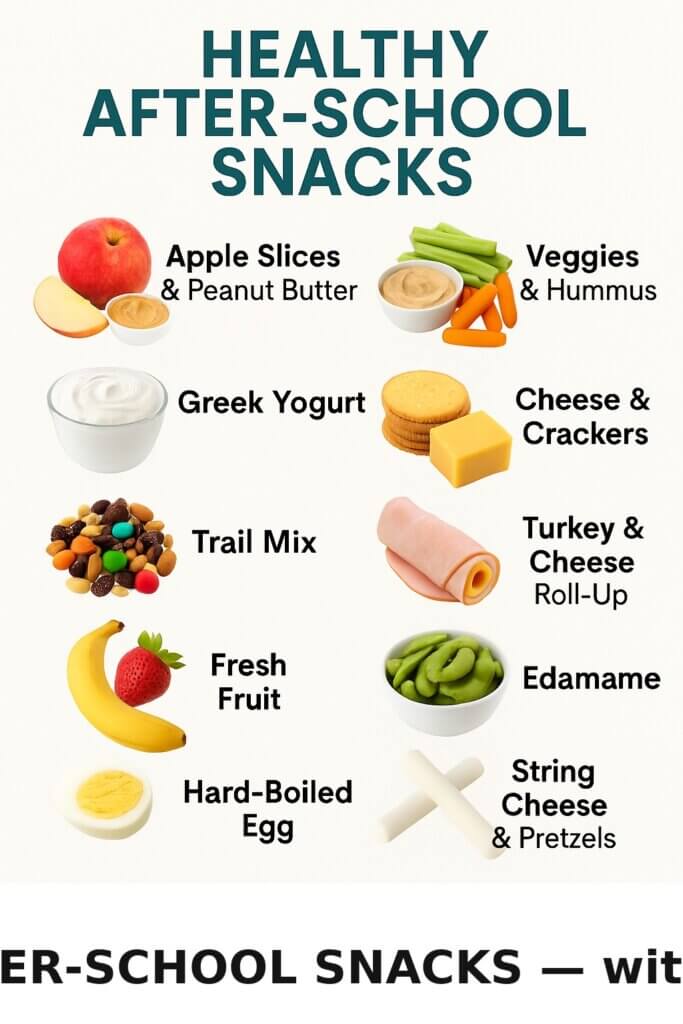 Healthy_After_School_Snacks_Chart_FIXED - Mom to Mom Nutrition Keep kids satisfied (without ruining dinner!) with these healthy after-school snack ideas. Includes easy recipes, grab-and-go options, and a free snack checklist!