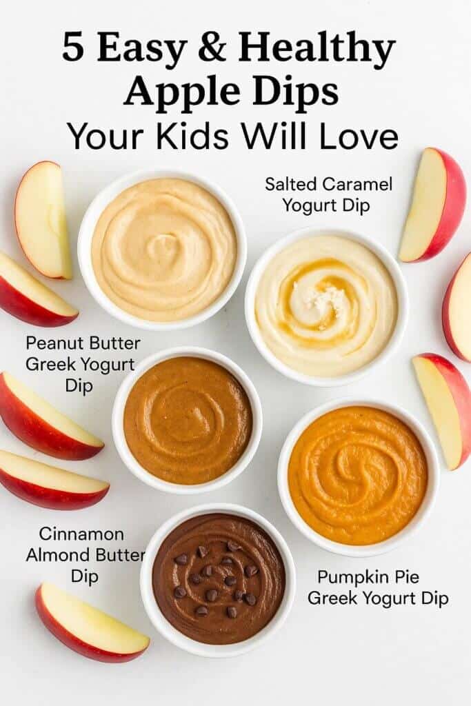 Discover 5 simple, healthy apple dips made with Greek yogurt, nut butter, caramel, pumpkin, and chocolate hummus. Perfect fall snack ideas for families!