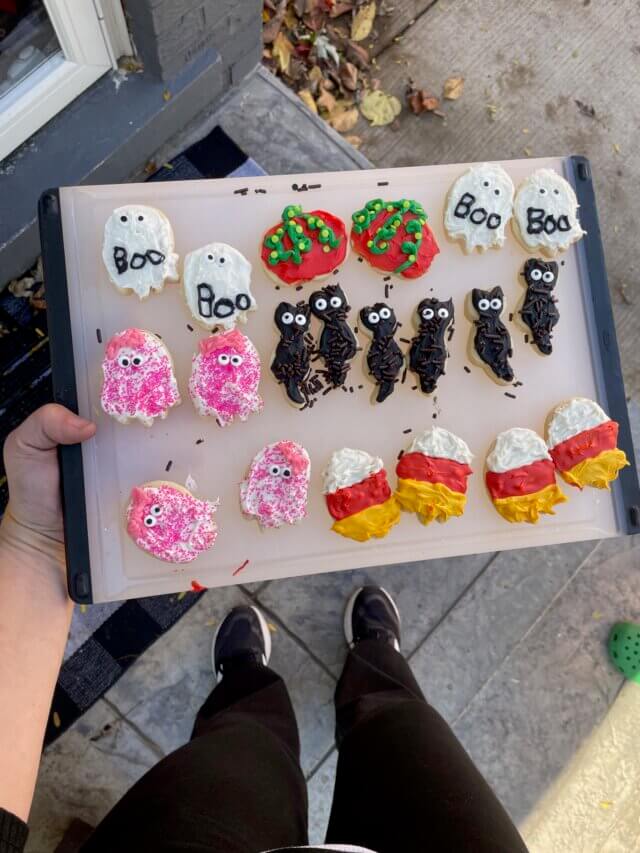 IMG_0911 - Mom to Mom Nutrition Halloween sugar cookie decorating made easy! Fun, messy, and memorable family night with kids using store-bought frosting and spooky cookie cutters.